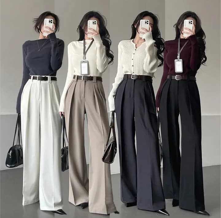 크기 있음 업데이트 작은 대중 미니멀리즘 하이웨이스트 플리츠 디자인 도루 센스 스트레이트 루즈핏 넓은 다리 바닥 청소 캐주얼 바지 긴 바지 상세 이미지 2