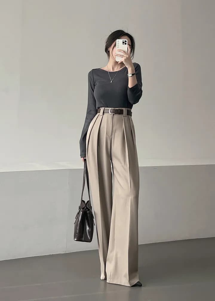 크기 있음 업데이트 작은 대중 미니멀리즘 하이웨이스트 플리츠 디자인 도루 센스 스트레이트 루즈핏 넓은 다리 바닥 청소 캐주얼 바지 긴 바지 상세 이미지 14