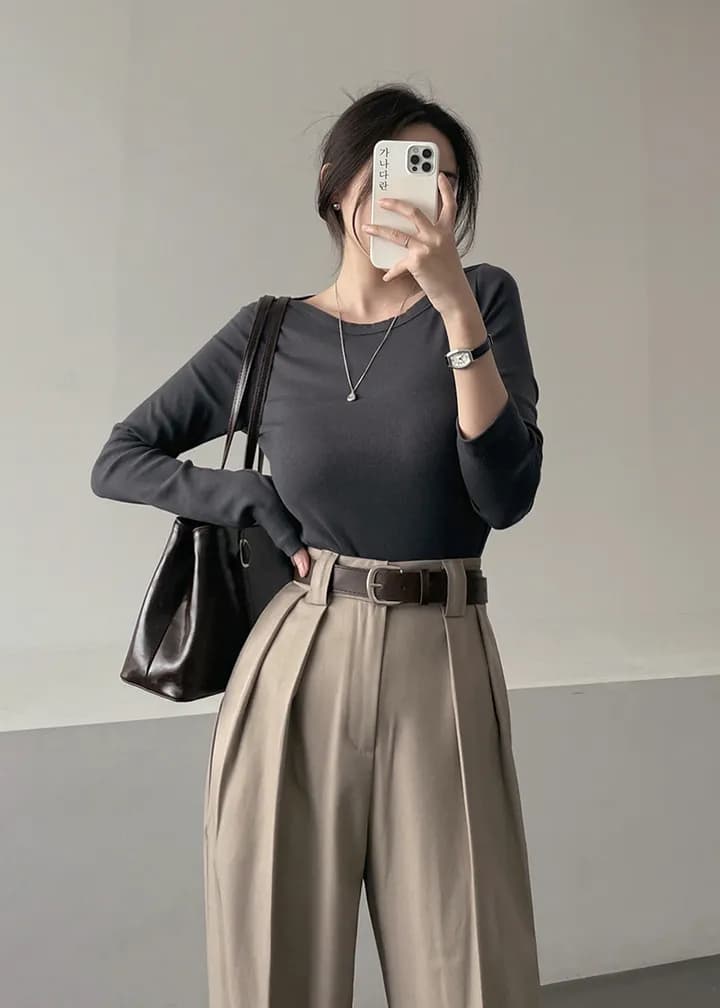 크기 있음 업데이트 작은 대중 미니멀리즘 하이웨이스트 플리츠 디자인 도루 센스 스트레이트 루즈핏 넓은 다리 바닥 청소 캐주얼 바지 긴 바지 상세 이미지 15