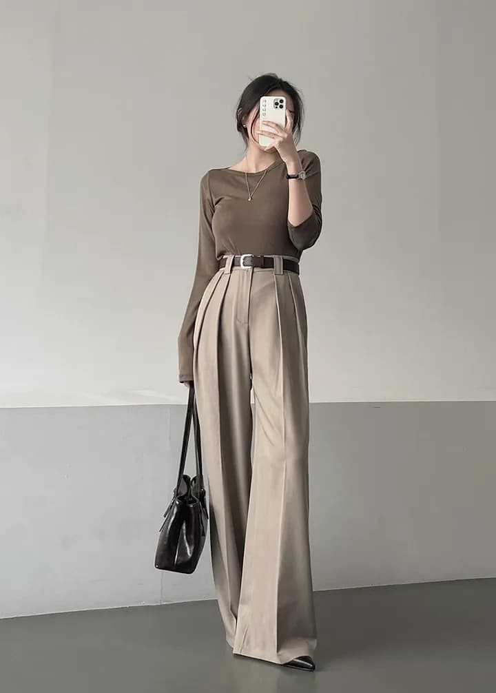 크기 있음 업데이트 작은 대중 미니멀리즘 하이웨이스트 플리츠 디자인 도루 센스 스트레이트 루즈핏 넓은 다리 바닥 청소 캐주얼 바지 긴 바지 상세 이미지 16