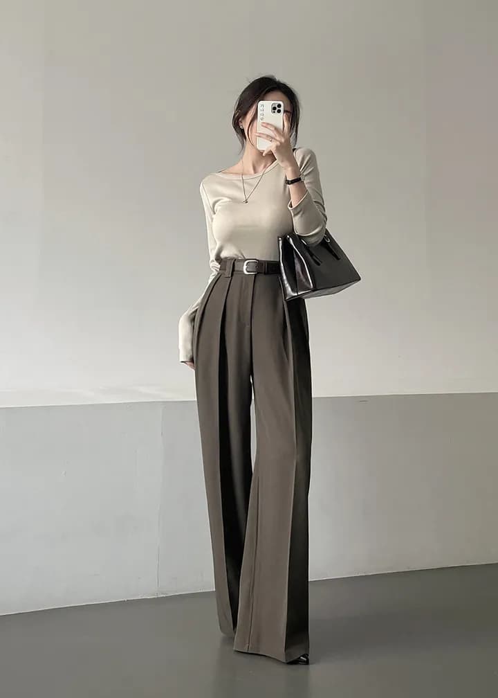 크기 있음 업데이트 작은 대중 미니멀리즘 하이웨이스트 플리츠 디자인 도루 센스 스트레이트 루즈핏 넓은 다리 바닥 청소 캐주얼 바지 긴 바지 상세 이미지 19