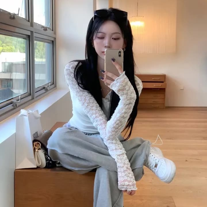 크기 있음 업데이트 프랑스식 V넥 긴팔 레이스 셔츠 티셔츠 여성 가을 순수한 욕망 인사이드 가져 가라. 기본 셔츠 타이트 맨위 이미지 4