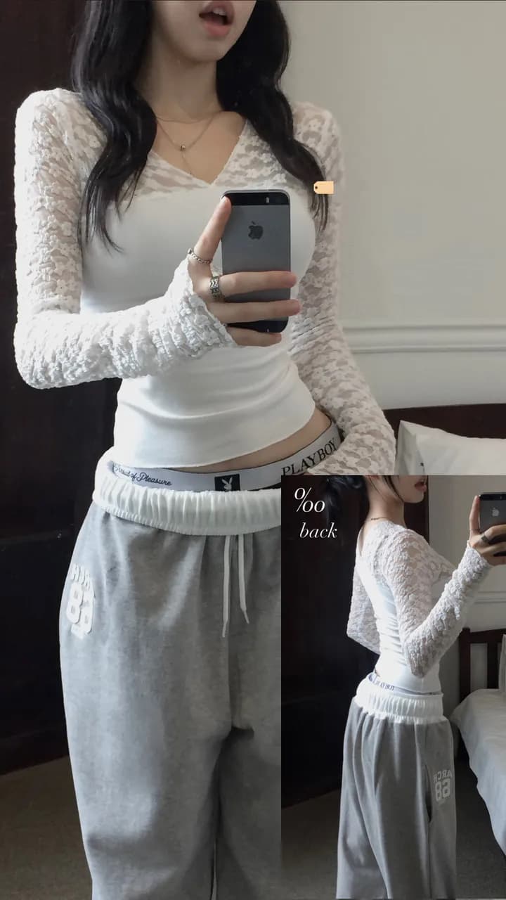 크기 있음 업데이트 프랑스식 V넥 긴팔 레이스 셔츠 티셔츠 여성 가을 순수한 욕망 인사이드 가져 가라. 기본 셔츠 타이트 맨위 상세 이미지 6