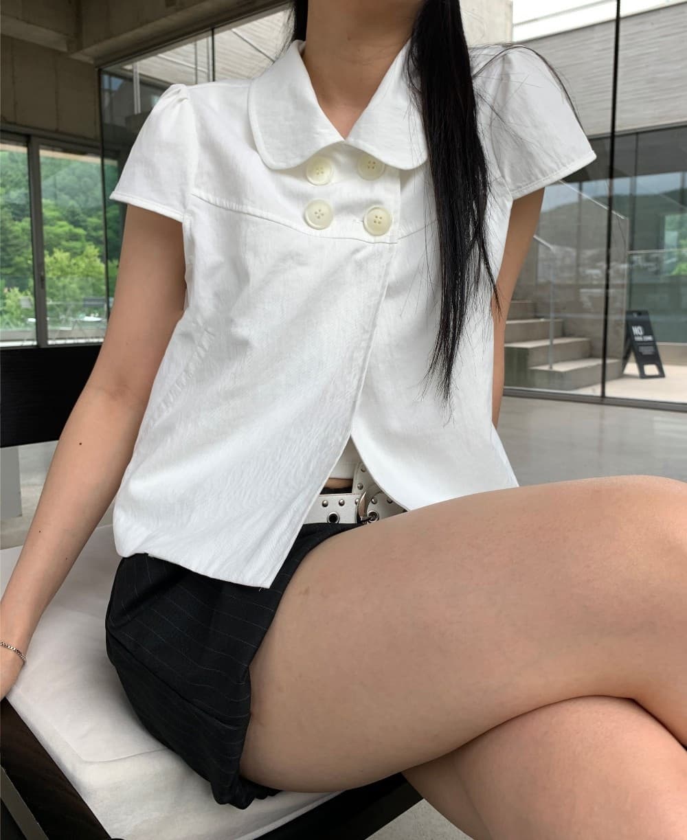 크기 있음 업데이트 일본식 소녀 센스 네 단추 여름 레트로 베이비 칼라 캐주얼 반팔 셔츠 맨위 상세 이미지 28