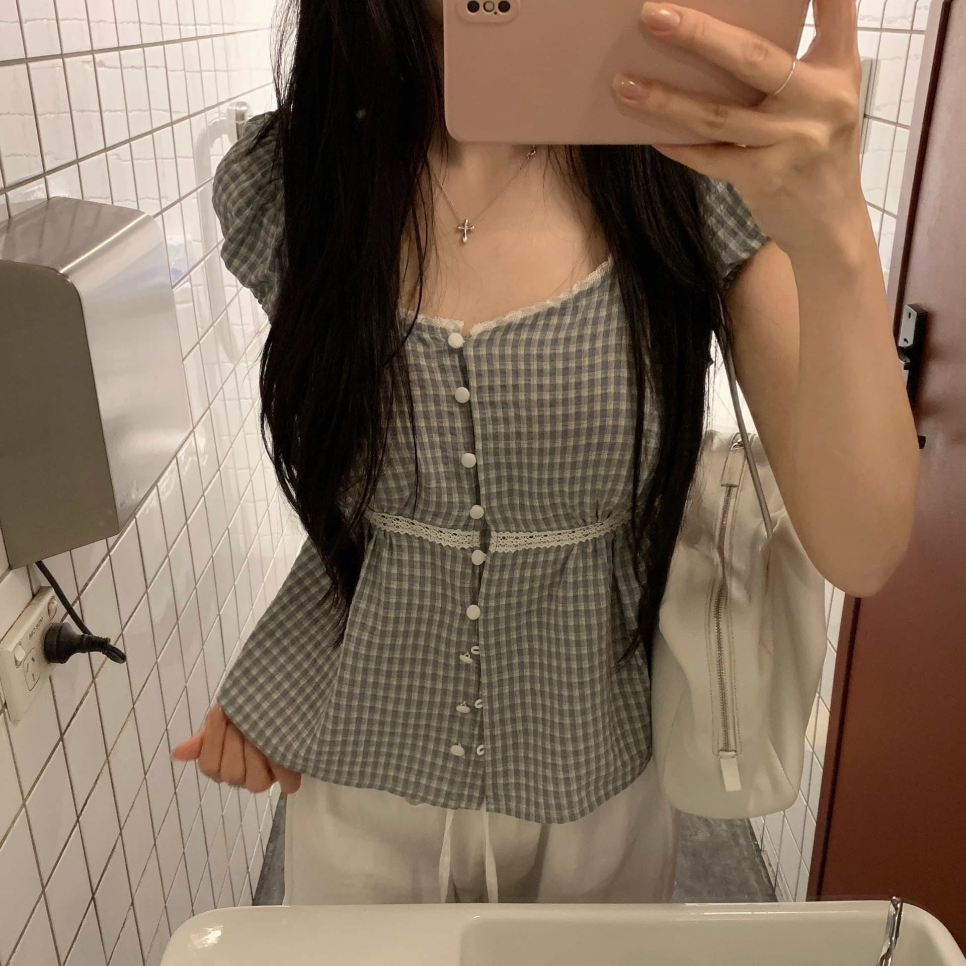 크기 있음 업데이트 프랑스식 레트로 연령 감소 귀여운 광장 칼라 체크무늬 허리 수축 슬림해 보이는 셔츠 여성용 짧은 소매 맨위 이미지 4