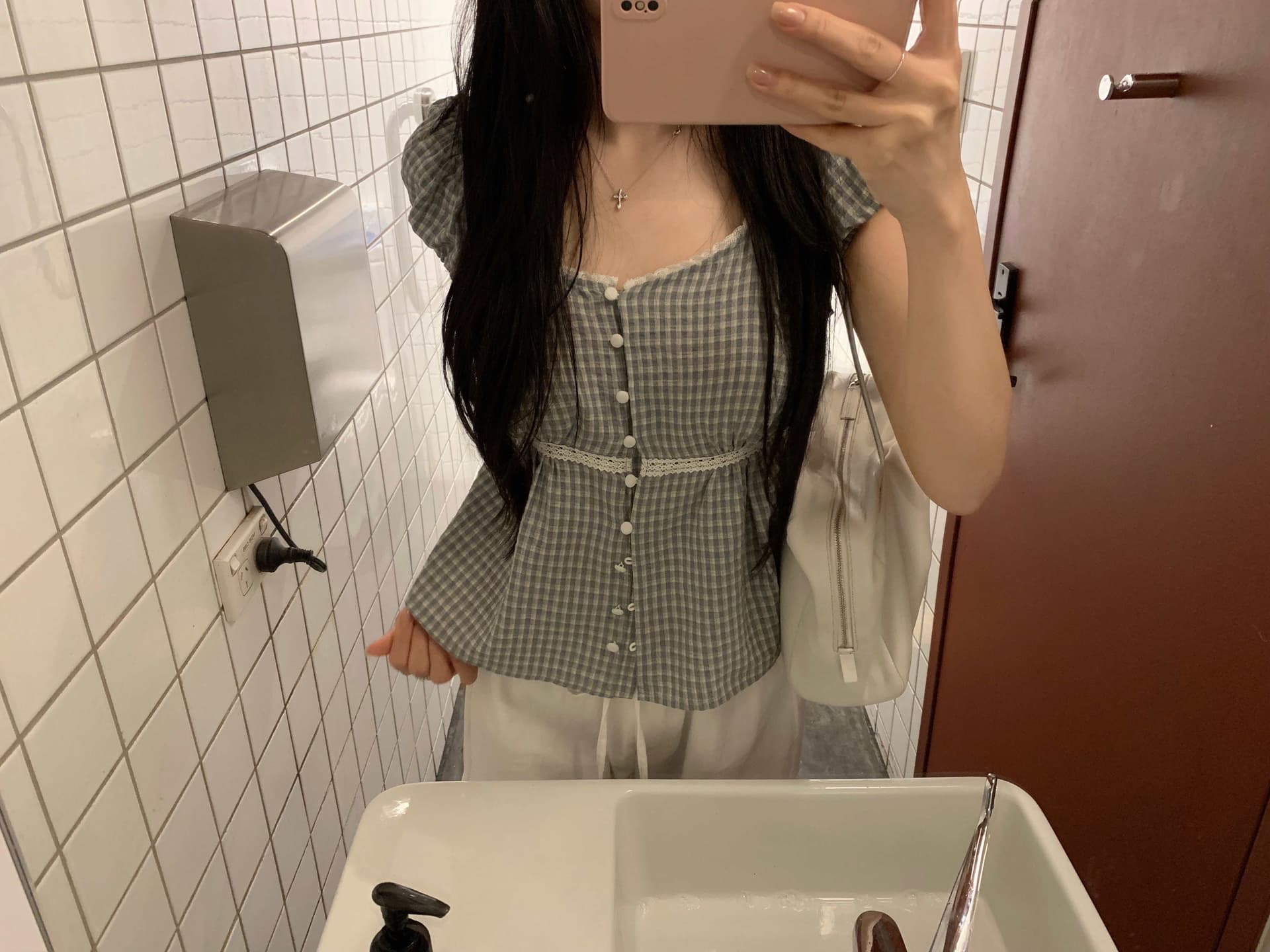 크기 있음 업데이트 프랑스식 레트로 연령 감소 귀여운 광장 칼라 체크무늬 허리 수축 슬림해 보이는 셔츠 여성용 짧은 소매 맨위 상세 이미지 3