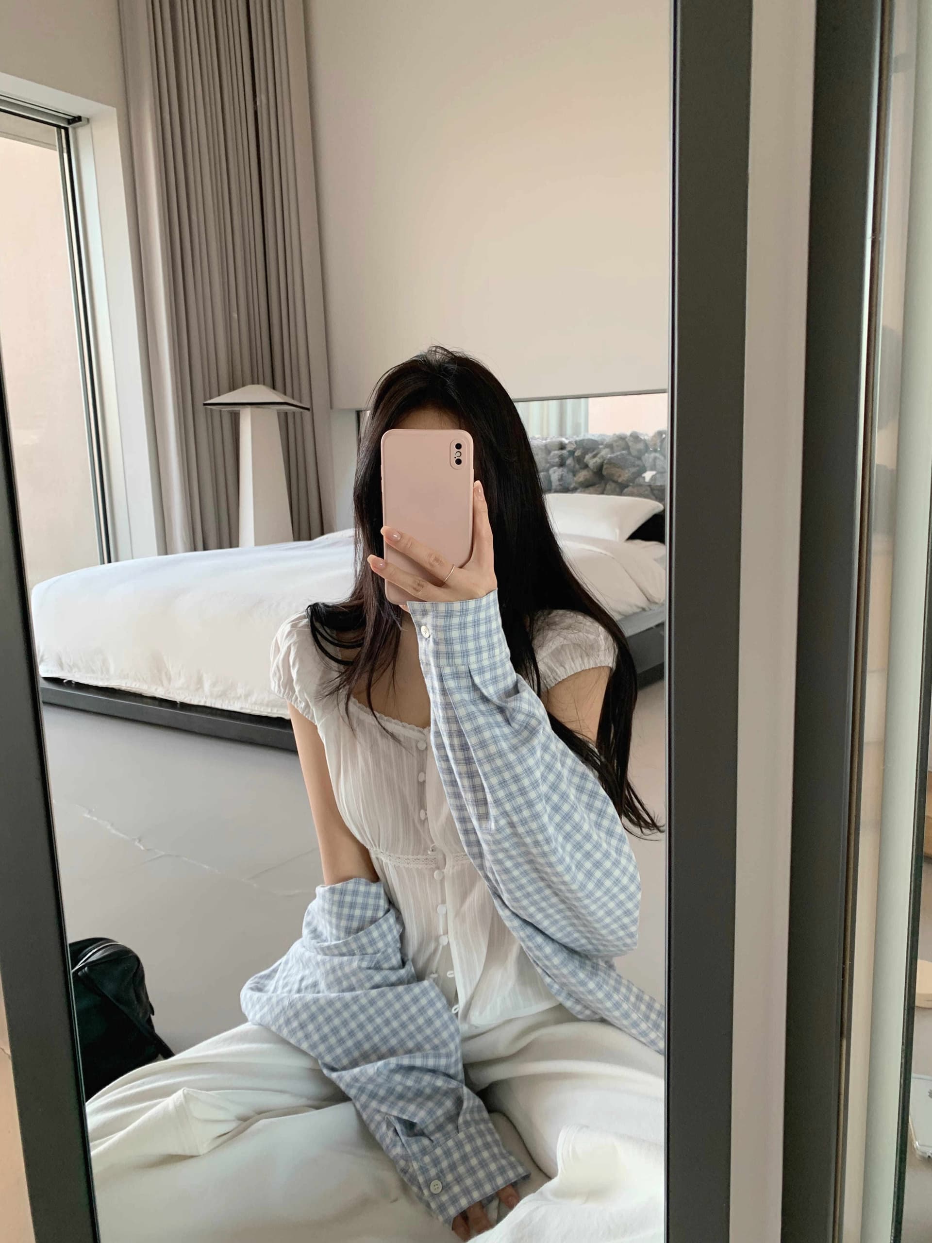 크기 있음 업데이트 프랑스식 레트로 연령 감소 귀여운 광장 칼라 체크무늬 허리 수축 슬림해 보이는 셔츠 여성용 짧은 소매 맨위 상세 이미지 12