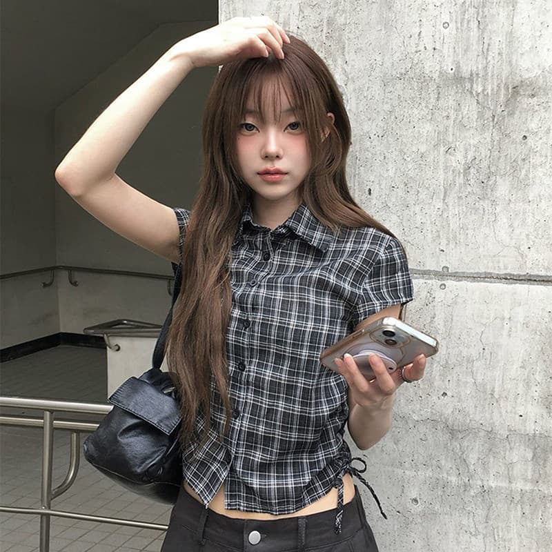 크기 있음 업데이트 한 부서 여름 새로운 다용도 디자인 센스 펌프 로프 쇼트 스타일 체크무늬 반팔 셔츠 맨위 여성 상세 이미지 1