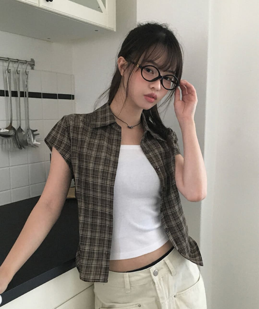 크기 있음 업데이트 한 부서 여름 새로운 다용도 디자인 센스 펌프 로프 쇼트 스타일 체크무늬 반팔 셔츠 맨위 여성 상세 이미지 18