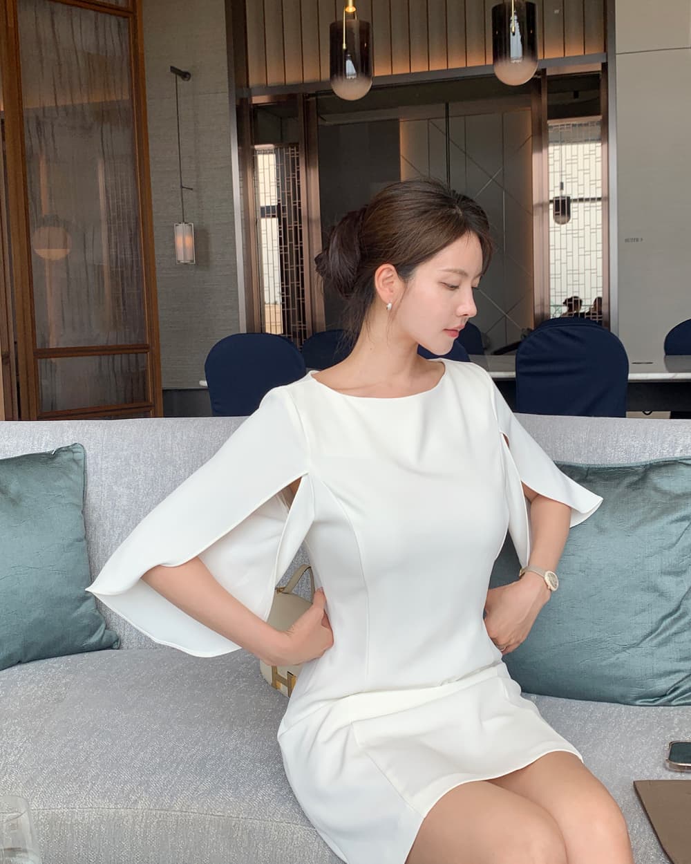 크기 있음 업데이트 프랑스식 우아함 품격 레트로 트임 소매 허리 수축 슬림해 보이는 빛 요리 한 바람 드레스 상세 이미지 2