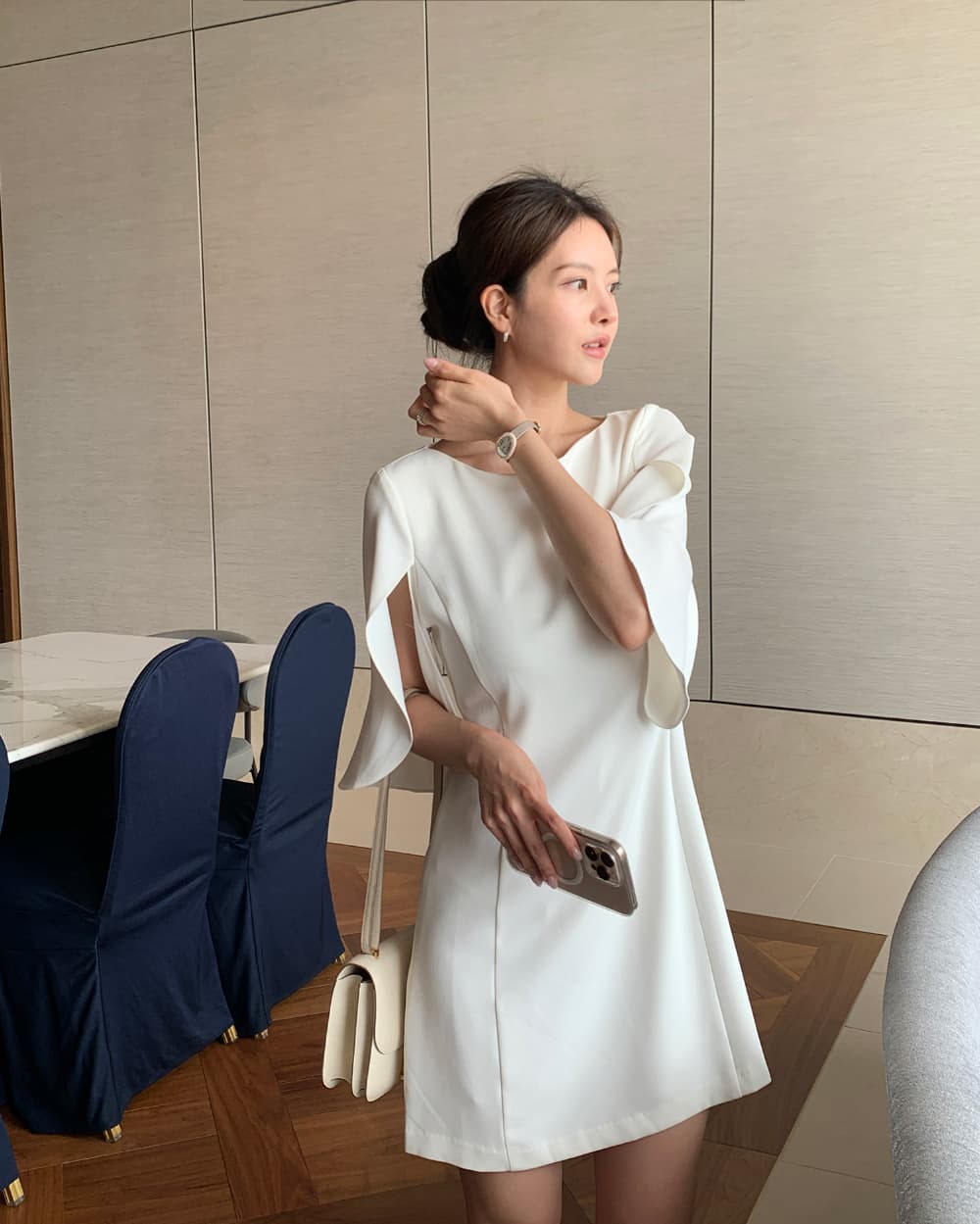 크기 있음 업데이트 프랑스식 우아함 품격 레트로 트임 소매 허리 수축 슬림해 보이는 빛 요리 한 바람 드레스 상세 이미지 35