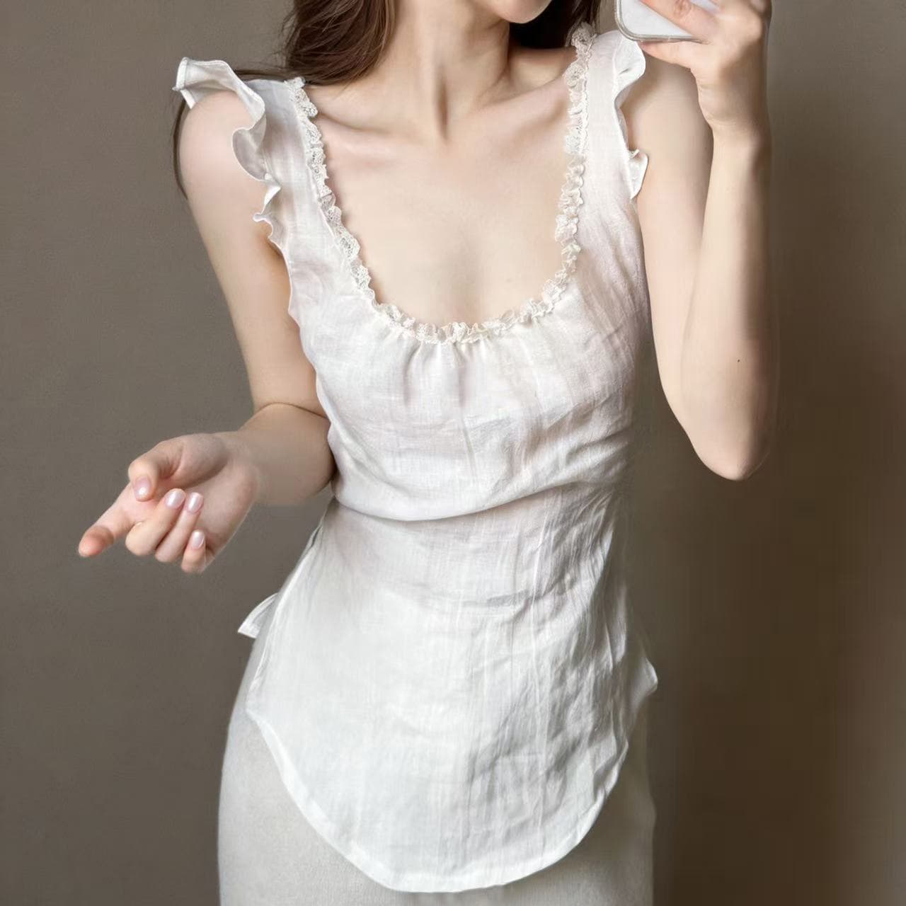 크기 있음 업데이트 프랑스식 우아함 부드러운 레트로 스타일 다용도 레이스 레이스 날다 소매 조끼 슬림해 보이는 작은 셔츠