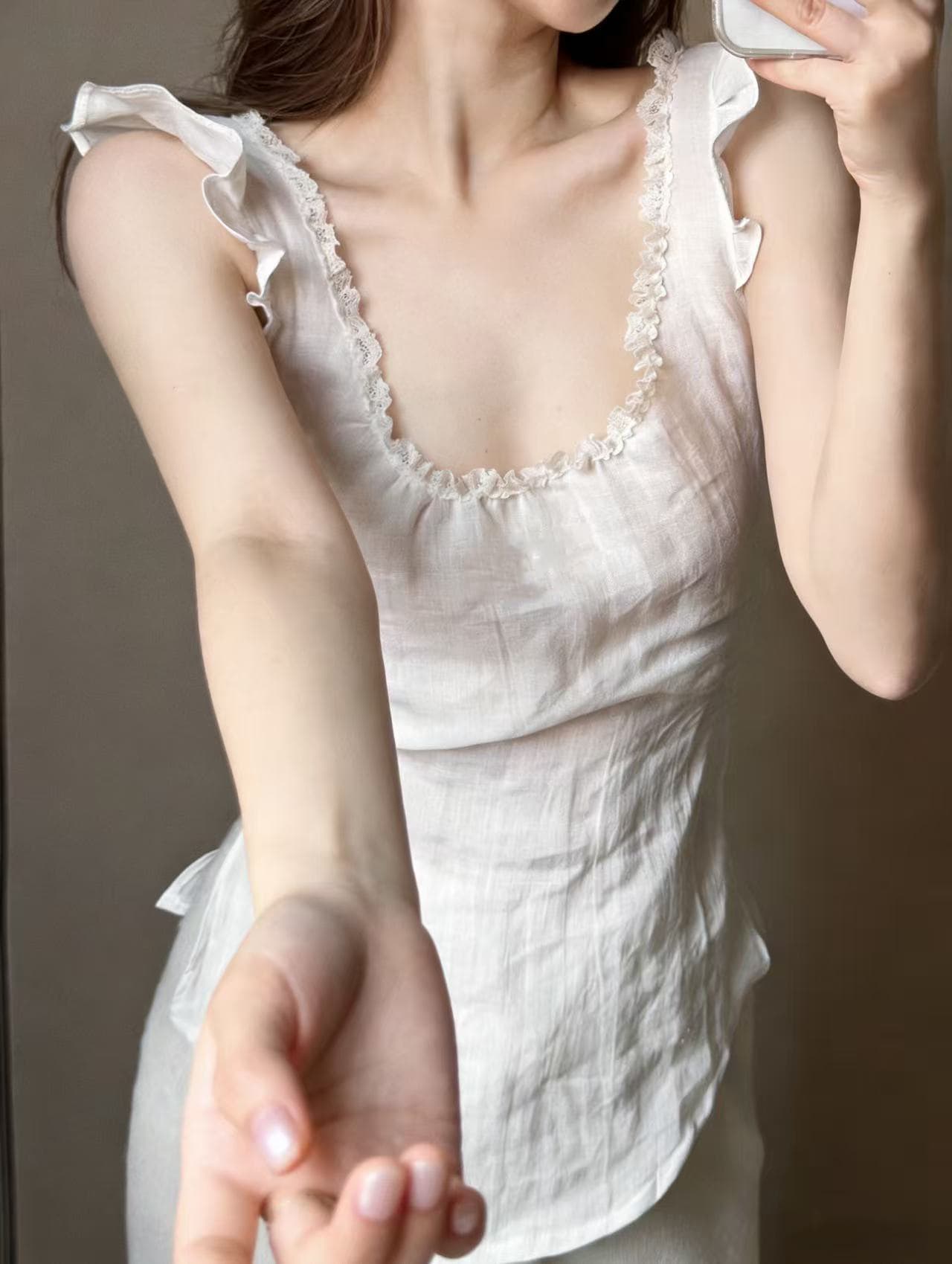 크기 있음 업데이트 프랑스식 우아함 부드러운 레트로 스타일 다용도 레이스 레이스 날다 소매 조끼 슬림해 보이는 작은 셔츠 상세 이미지 6
