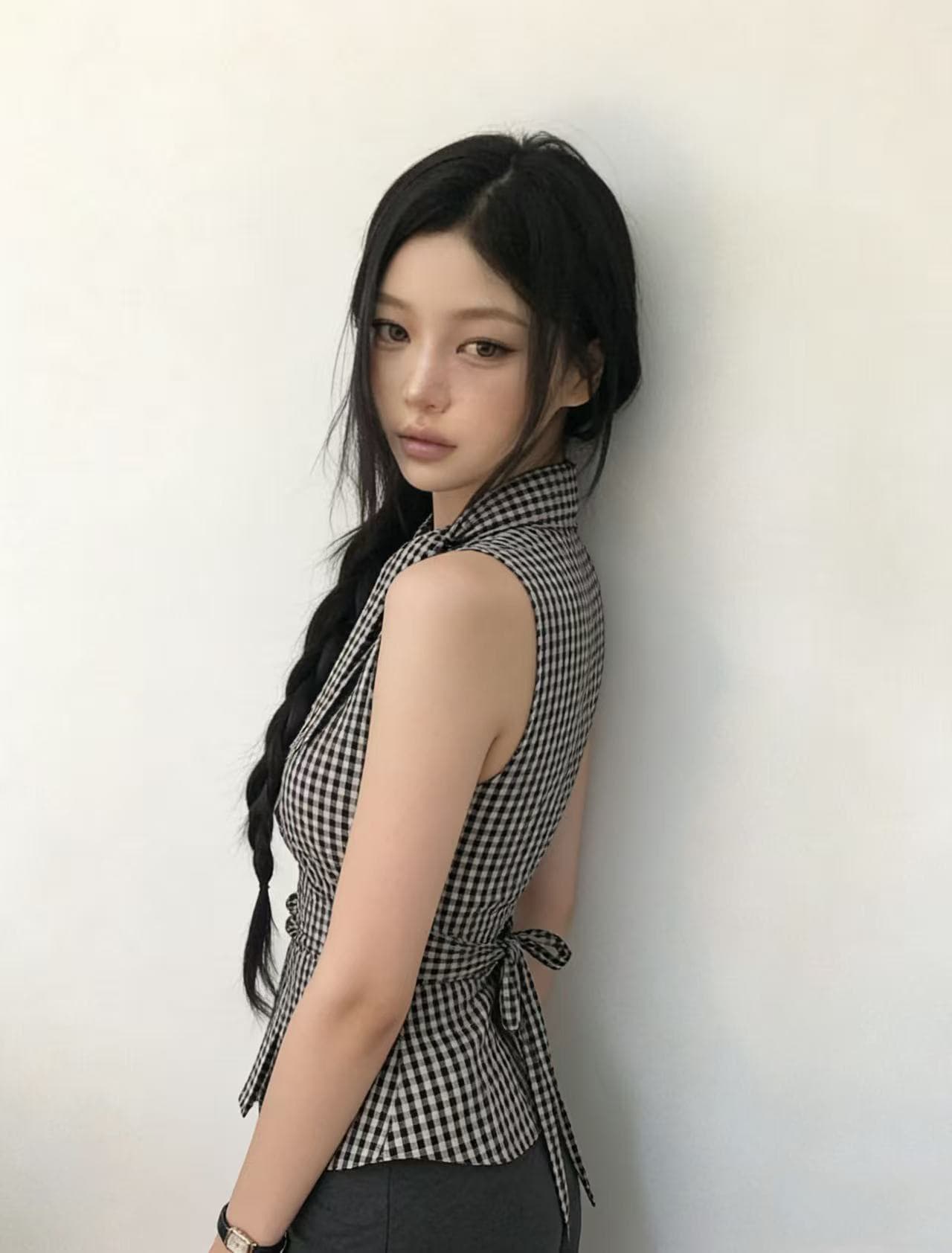 크기 있음 업데이트 ins 보 주님 섹션 프랑스식 레트로 체크무늬 품격 다용도 민소매 맨위 쇼트 스타일 작은 셔츠 상세 이미지 14