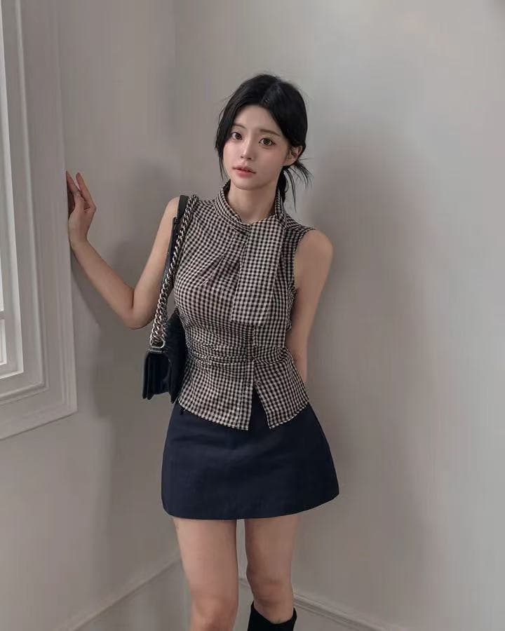 크기 있음 업데이트 ins 보 주님 섹션 프랑스식 레트로 체크무늬 품격 다용도 민소매 맨위 쇼트 스타일 작은 셔츠 상세 이미지 36