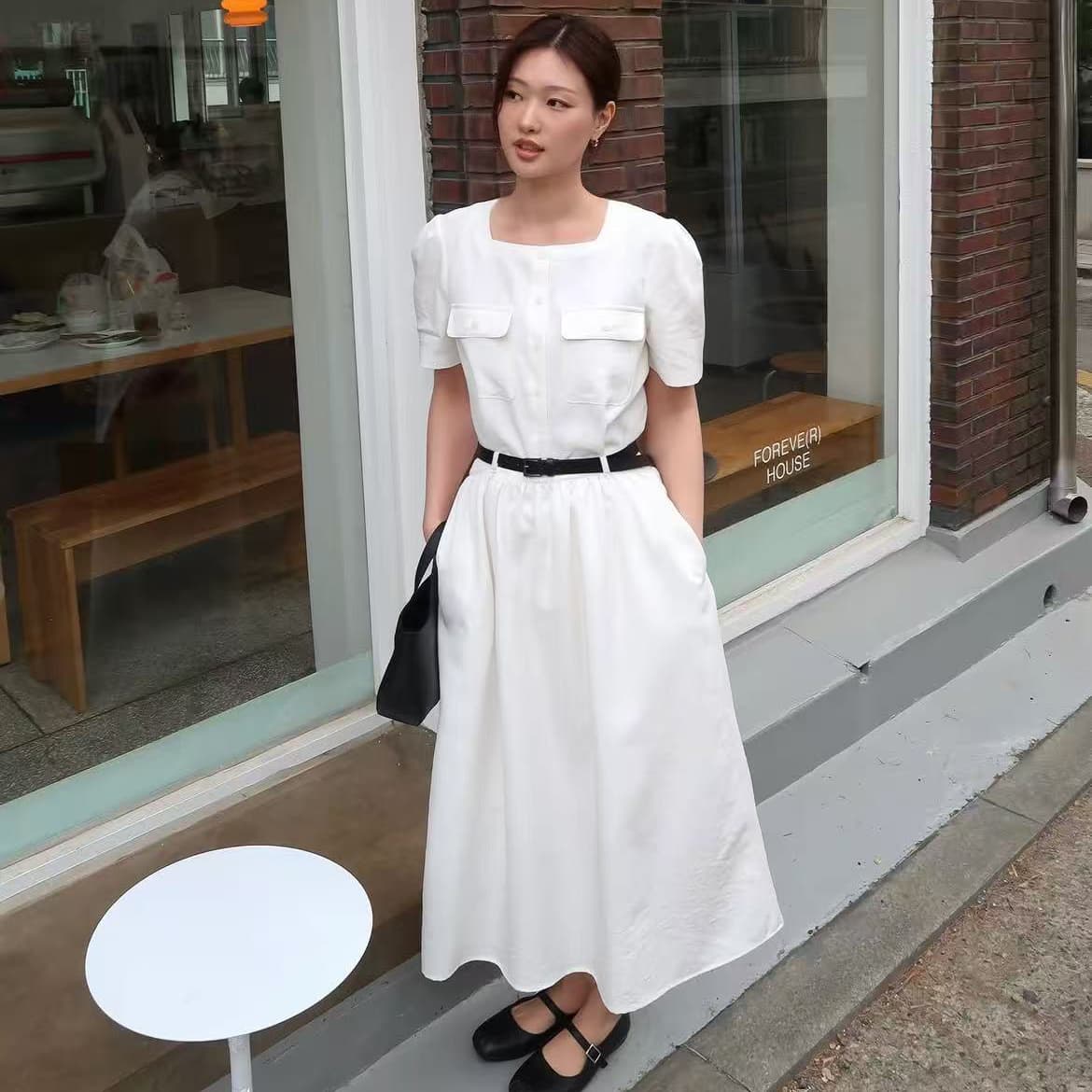 크기 있음 업데이트 프랑스식 레트로 품격 우아함 광장 칼라 미니멀리즘 다용도 통기성 드레스 가치가 없다. 벨트