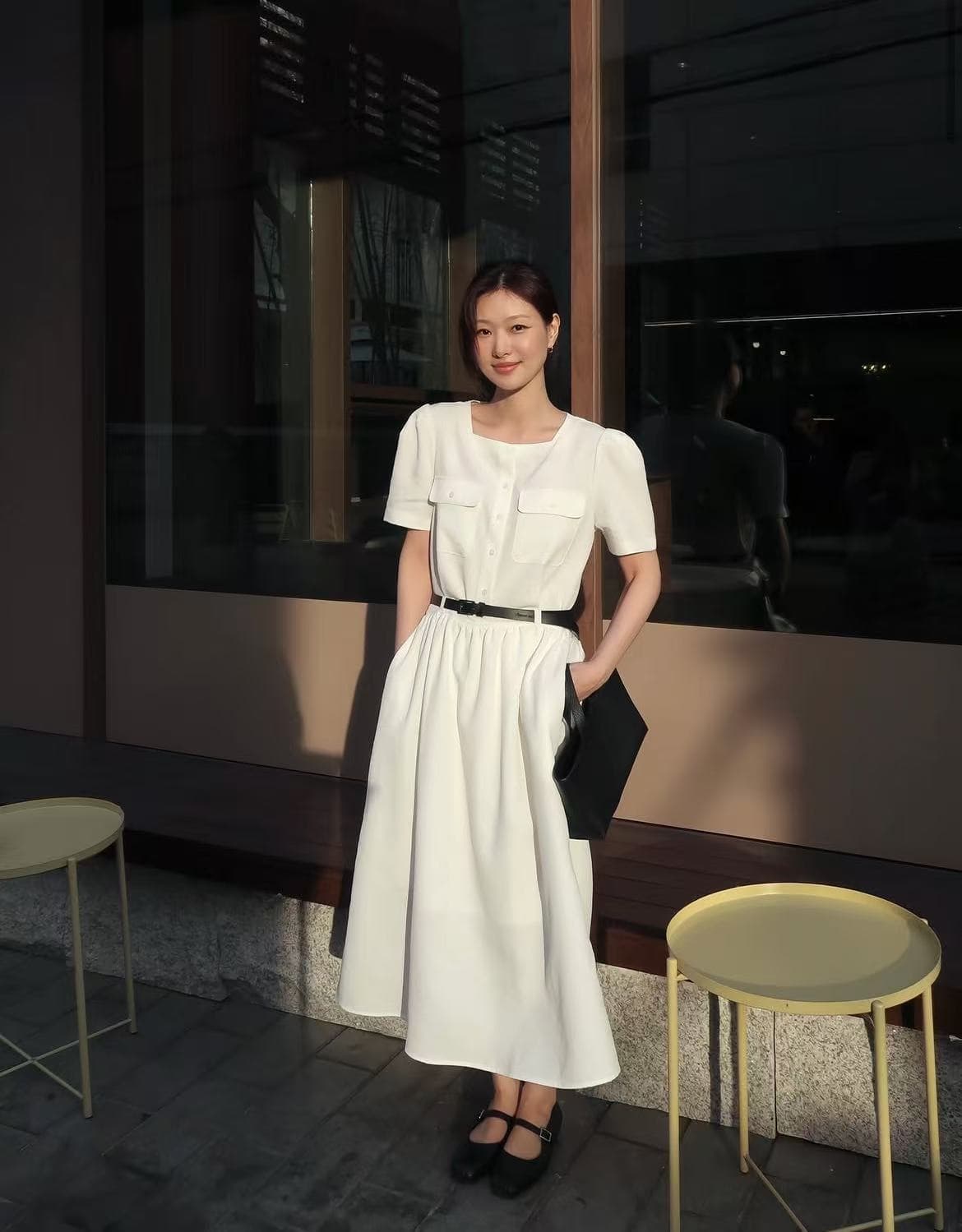 크기 있음 업데이트 프랑스식 레트로 품격 우아함 광장 칼라 미니멀리즘 다용도 통기성 드레스 가치가 없다. 벨트 상세 이미지 1