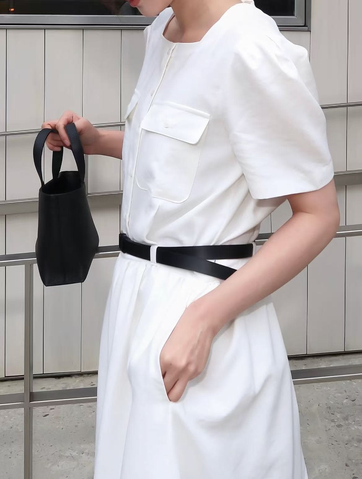크기 있음 업데이트 프랑스식 레트로 품격 우아함 광장 칼라 미니멀리즘 다용도 통기성 드레스 가치가 없다. 벨트 상세 이미지 2