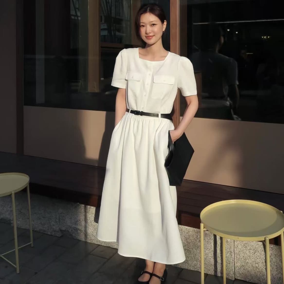 크기 있음 업데이트 프랑스식 레트로 품격 우아함 광장 칼라 미니멀리즘 다용도 통기성 드레스 가치가 없다. 벨트 이미지 3