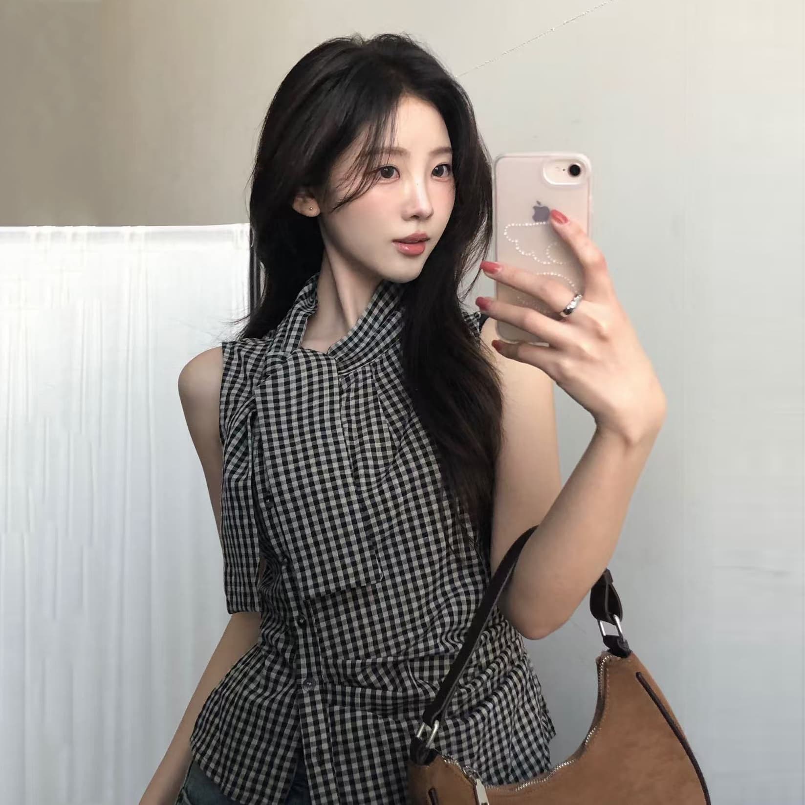 크기 있음 업데이트 ins 보 주님 섹션 프랑스식 레트로 체크무늬 품격 다용도 민소매 맨위 쇼트 스타일 작은 셔츠