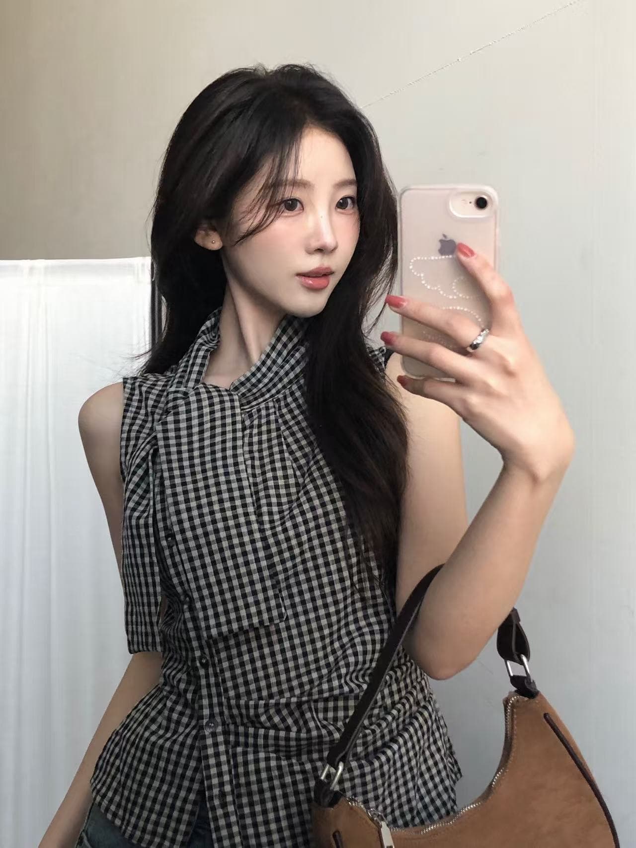 크기 있음 업데이트 ins 보 주님 섹션 프랑스식 레트로 체크무늬 품격 다용도 민소매 맨위 쇼트 스타일 작은 셔츠 상세 이미지 1