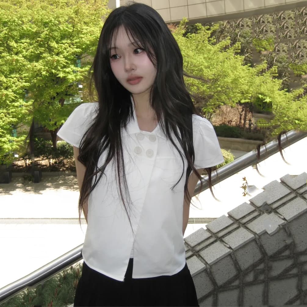 크기 있음 업데이트 일본식 소녀 센스 네 단추 여름 레트로 베이비 칼라 캐주얼 반팔 셔츠 맨위