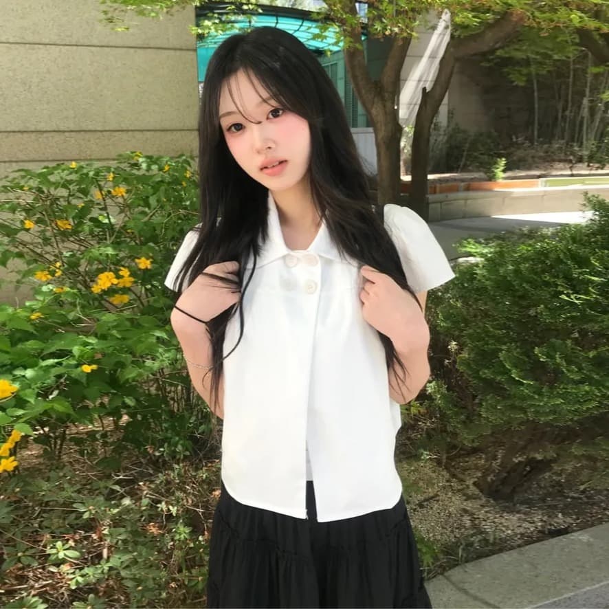 크기 있음 업데이트 일본식 소녀 센스 네 단추 여름 레트로 베이비 칼라 캐주얼 반팔 셔츠 맨위 이미지 3
