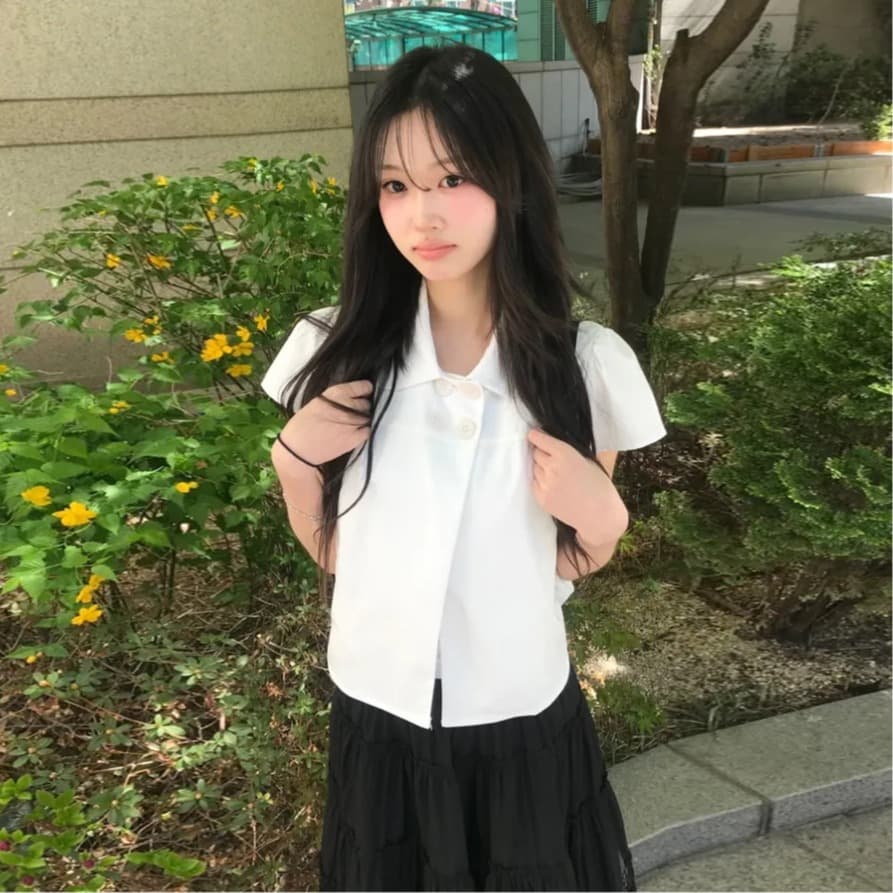 크기 있음 업데이트 일본식 소녀 센스 네 단추 여름 레트로 베이비 칼라 캐주얼 반팔 셔츠 맨위 이미지 5