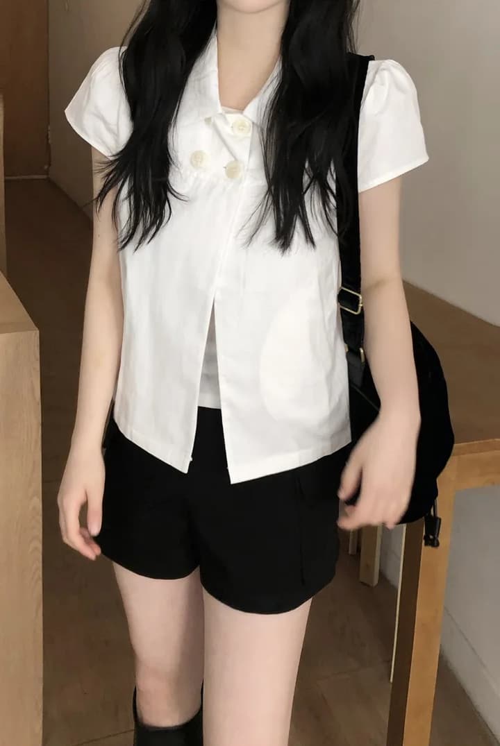 크기 있음 업데이트 일본식 소녀 센스 네 단추 여름 레트로 베이비 칼라 캐주얼 반팔 셔츠 맨위 상세 이미지 1