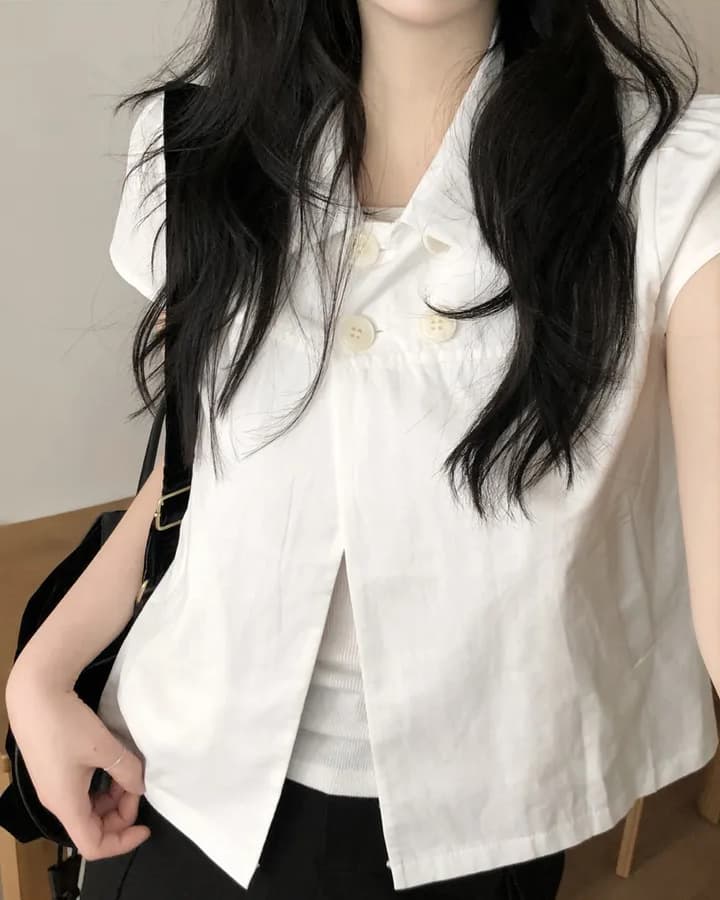 크기 있음 업데이트 일본식 소녀 센스 네 단추 여름 레트로 베이비 칼라 캐주얼 반팔 셔츠 맨위 상세 이미지 2