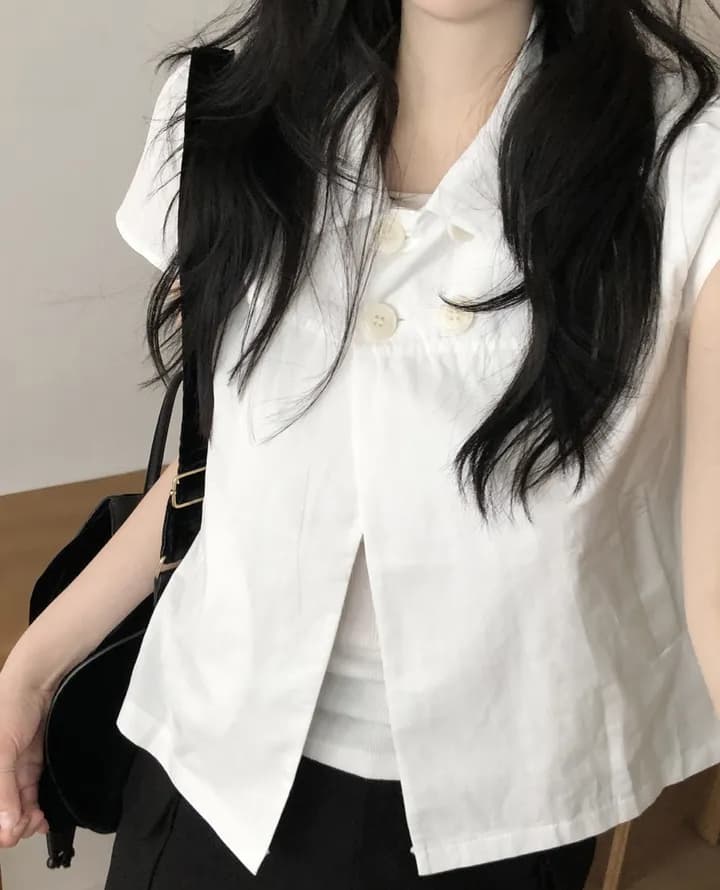 크기 있음 업데이트 일본식 소녀 센스 네 단추 여름 레트로 베이비 칼라 캐주얼 반팔 셔츠 맨위 상세 이미지 3