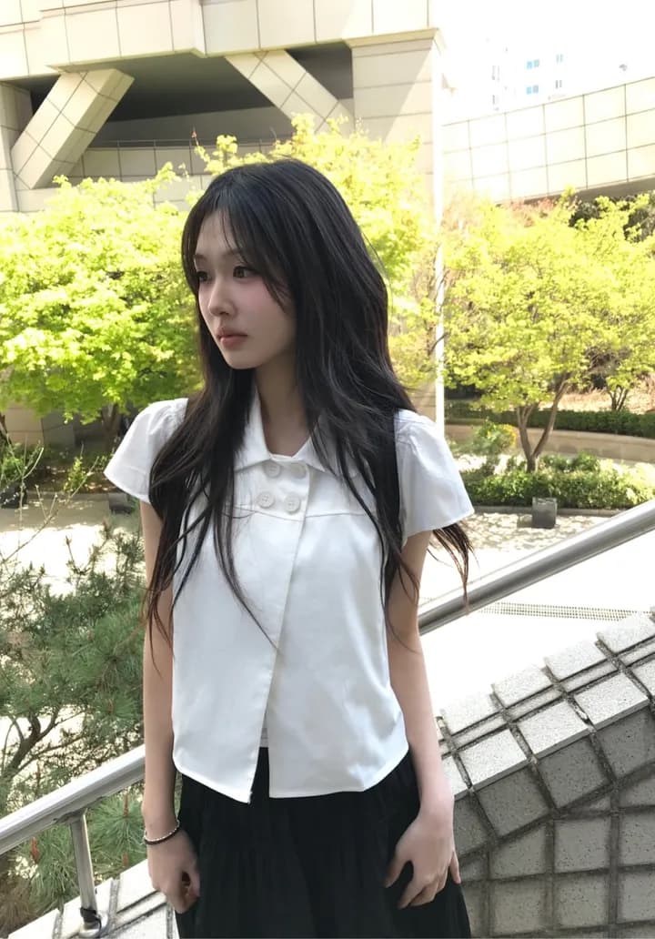 크기 있음 업데이트 일본식 소녀 센스 네 단추 여름 레트로 베이비 칼라 캐주얼 반팔 셔츠 맨위 상세 이미지 8