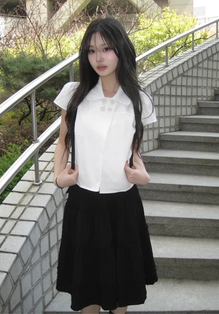 크기 있음 업데이트 일본식 소녀 센스 네 단추 여름 레트로 베이비 칼라 캐주얼 반팔 셔츠 맨위 상세 이미지 15