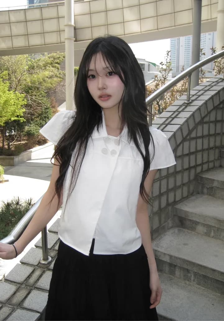크기 있음 업데이트 일본식 소녀 센스 네 단추 여름 레트로 베이비 칼라 캐주얼 반팔 셔츠 맨위 상세 이미지 19