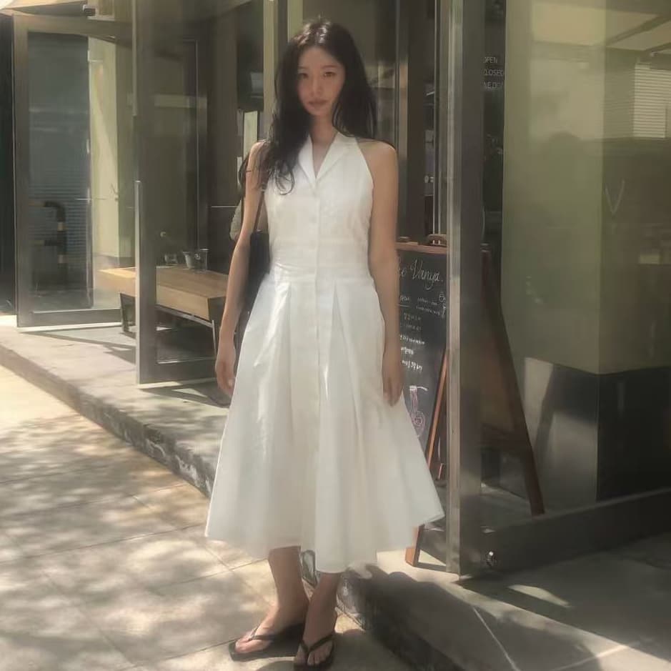 크기 있음 업데이트 프랑스식 레트로 영화 센스 작은 폴로 칼라 우아함 품격 행침 목 스타일 민소매 여성 드레스 여름 이미지 2