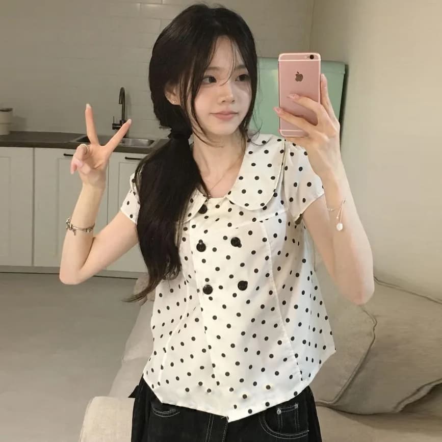한 부서 달콤한 스타일 도트 무늬 연령 감소 베이비 칼라 반팔 셔츠 여성 의류 여름 슬림해 보이는 다용도 chic 맨위 이미지 3