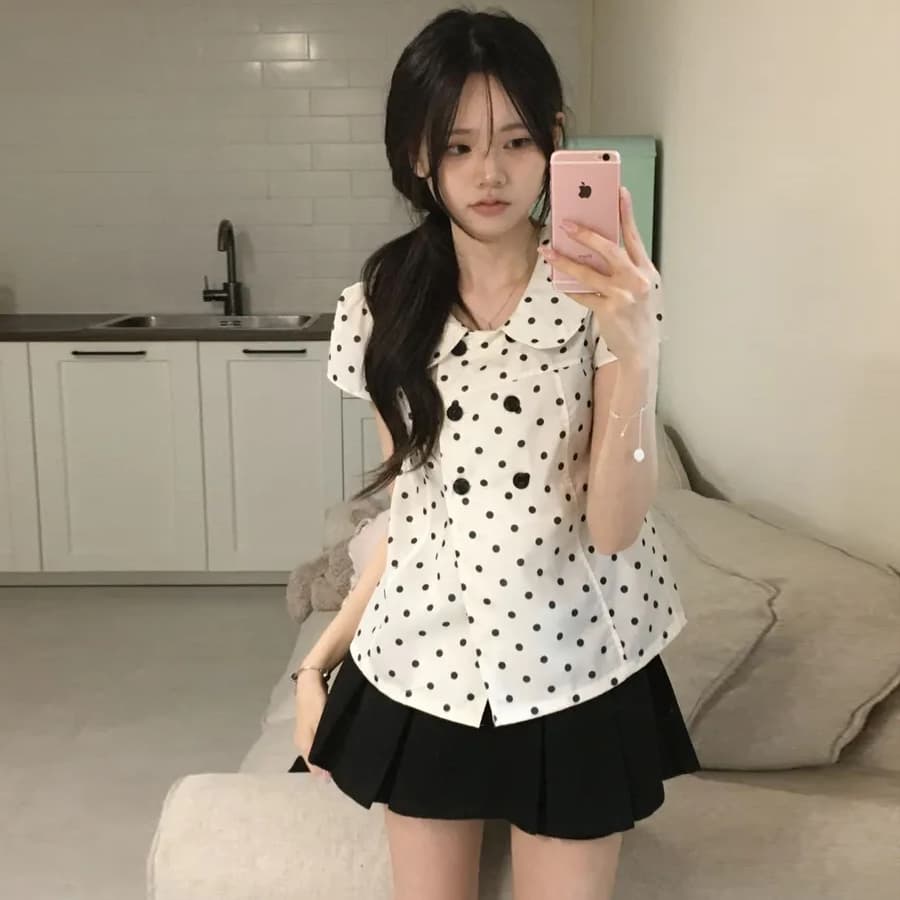 한 부서 달콤한 스타일 도트 무늬 연령 감소 베이비 칼라 반팔 셔츠 여성 의류 여름 슬림해 보이는 다용도 chic 맨위 이미지 5