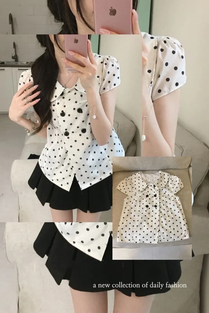한 부서 달콤한 스타일 도트 무늬 연령 감소 베이비 칼라 반팔 셔츠 여성 의류 여름 슬림해 보이는 다용도 chic 맨위 상세 이미지 1