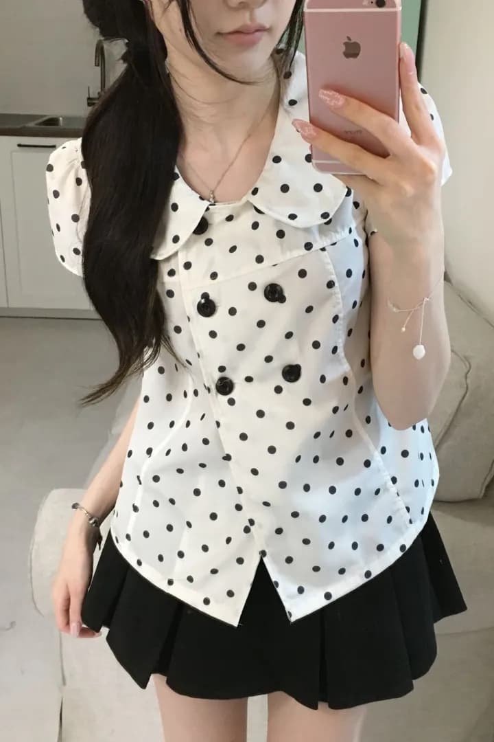 한 부서 달콤한 스타일 도트 무늬 연령 감소 베이비 칼라 반팔 셔츠 여성 의류 여름 슬림해 보이는 다용도 chic 맨위 상세 이미지 5