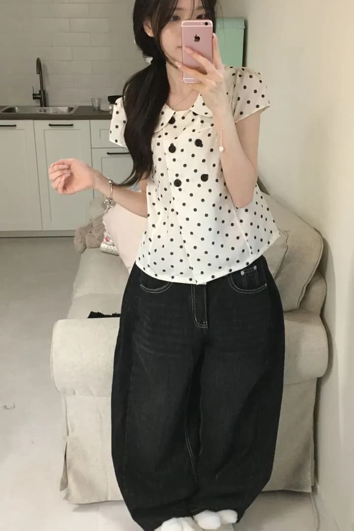 한 부서 달콤한 스타일 도트 무늬 연령 감소 베이비 칼라 반팔 셔츠 여성 의류 여름 슬림해 보이는 다용도 chic 맨위 상세 이미지 6