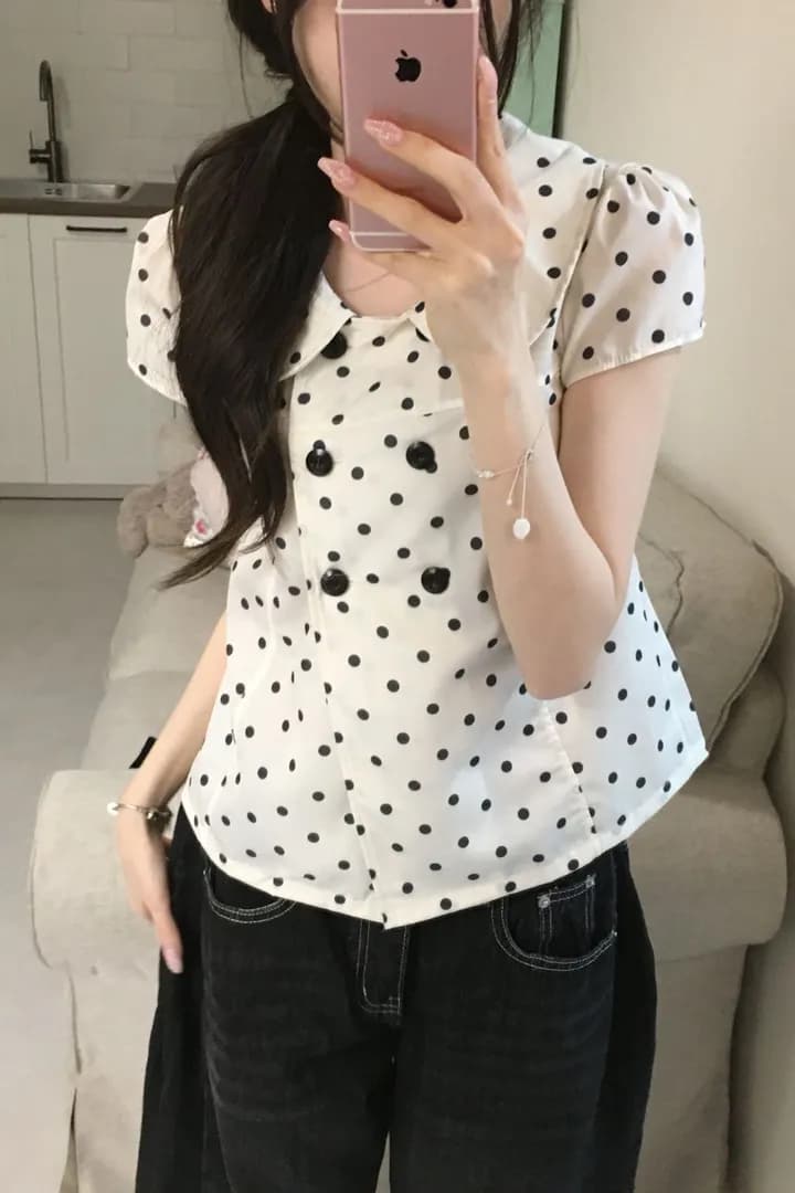 한 부서 달콤한 스타일 도트 무늬 연령 감소 베이비 칼라 반팔 셔츠 여성 의류 여름 슬림해 보이는 다용도 chic 맨위 상세 이미지 8