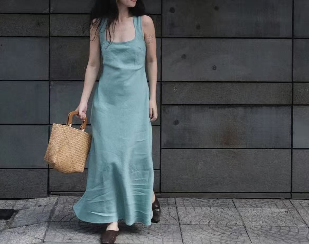 마법사 레트로 품격 우아함 미니멀리즘 일상 휴가 치마 대 와이드 네클라인 디자인 센스 느긋한 바람 통기성 드레스 상세 이미지 29