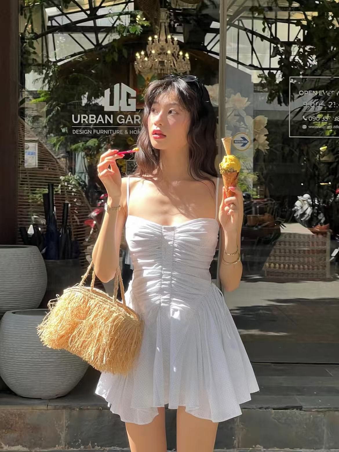 ins 보 주님 섹션 아메리칸 활력 소녀 달콤함 슬립 도트 무늬 불규칙 드레스 상세 이미지 10
