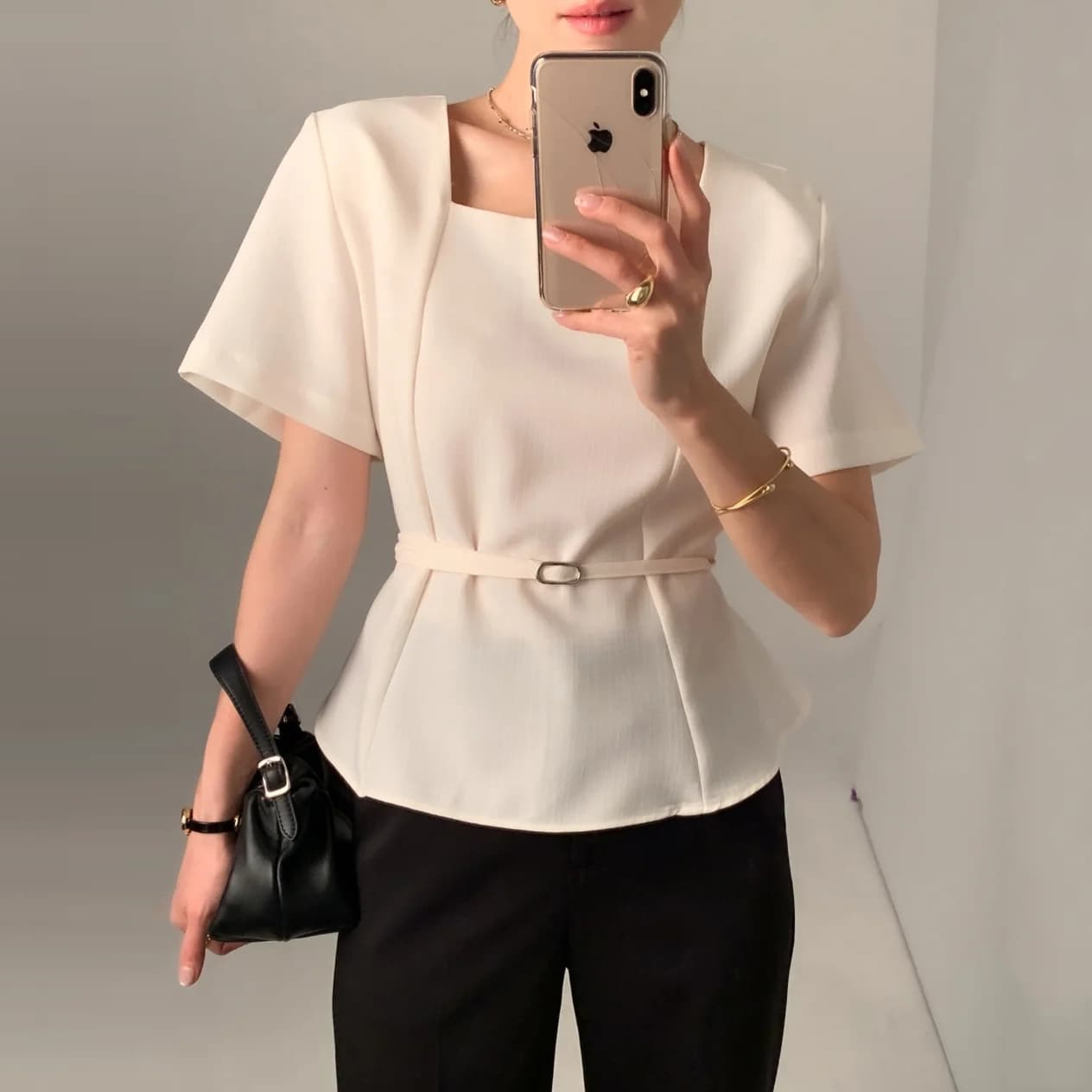 크기 있음 업데이트 캐주얼 품격 작은 샤넬 스타일 광장 칼라 허리 수축 와이드 소매 다용도 일상 출퇴근 반팔 맨위 이미지 2