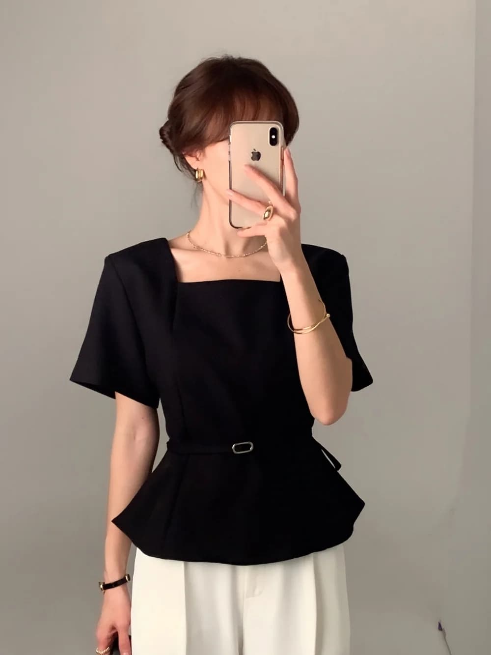 크기 있음 업데이트 캐주얼 품격 작은 샤넬 스타일 광장 칼라 허리 수축 와이드 소매 다용도 일상 출퇴근 반팔 맨위 상세 이미지 17