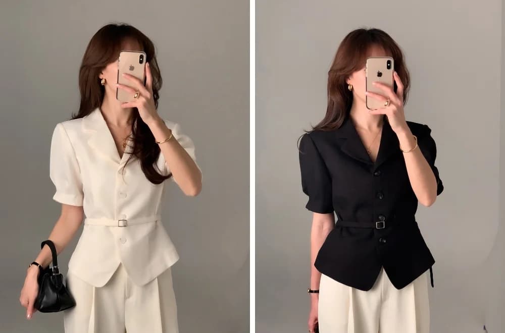 크기 있음 업데이트 프랑스식 품격 레트로 우아함 정장 칼라 싱글 줄 버튼 레이스업 허리 수축 출퇴근 맨위 상세 이미지 1