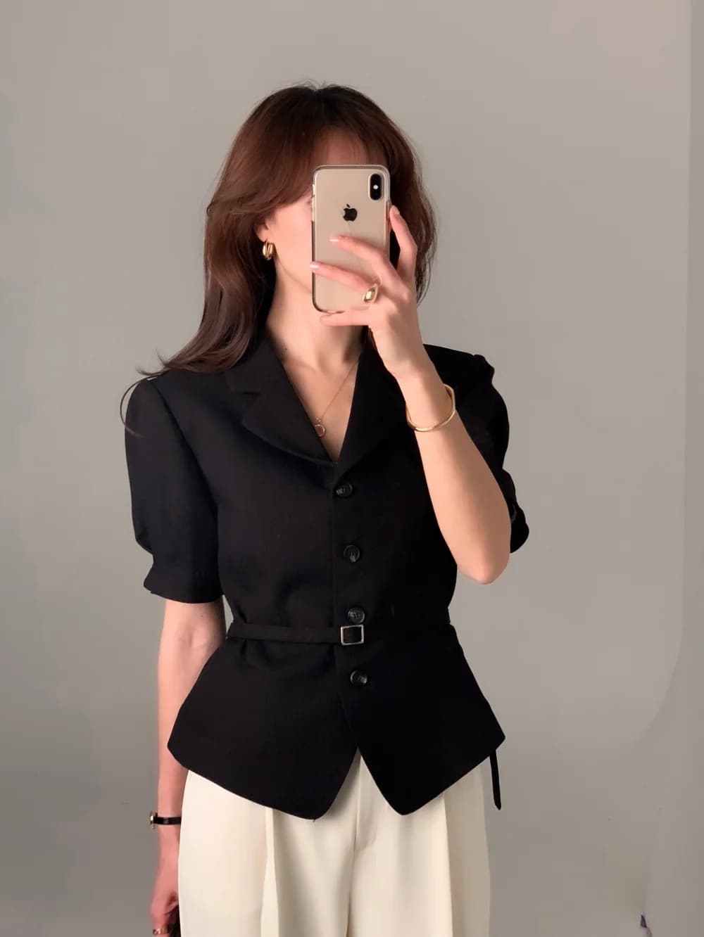 크기 있음 업데이트 프랑스식 품격 레트로 우아함 정장 칼라 싱글 줄 버튼 레이스업 허리 수축 출퇴근 맨위 상세 이미지 8