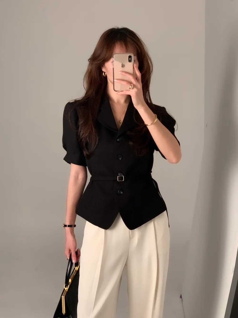 크기 있음 업데이트 프랑스식 품격 레트로 우아함 정장 칼라 싱글 줄 버튼 레이스업 허리 수축 출퇴근 맨위 상세 이미지 9