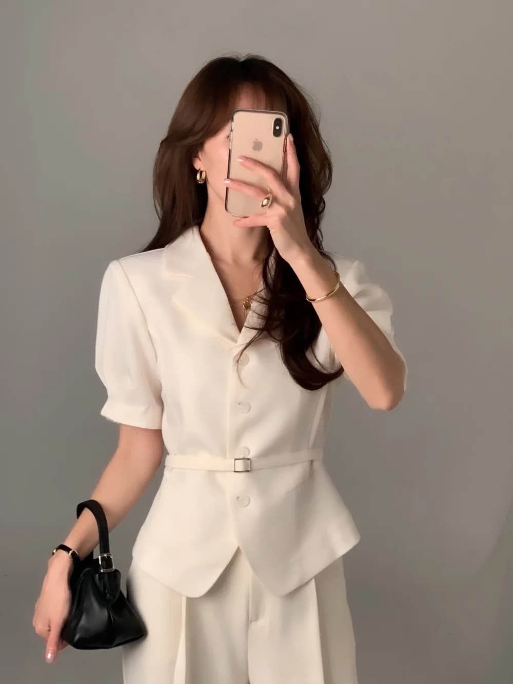 크기 있음 업데이트 프랑스식 품격 레트로 우아함 정장 칼라 싱글 줄 버튼 레이스업 허리 수축 출퇴근 맨위 상세 이미지 30