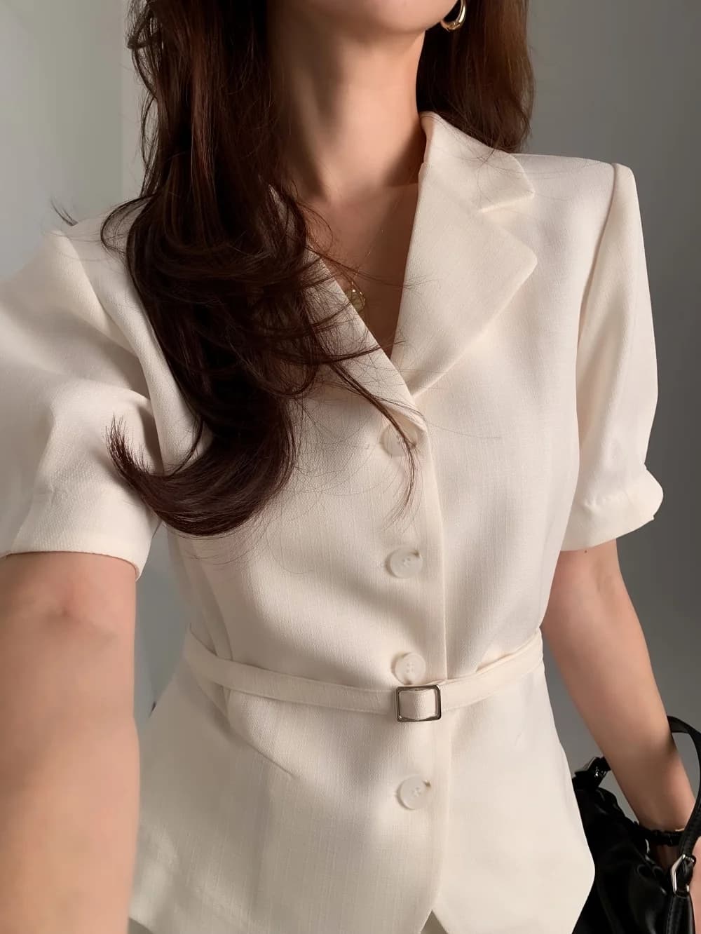 크기 있음 업데이트 프랑스식 품격 레트로 우아함 정장 칼라 싱글 줄 버튼 레이스업 허리 수축 출퇴근 맨위 상세 이미지 32
